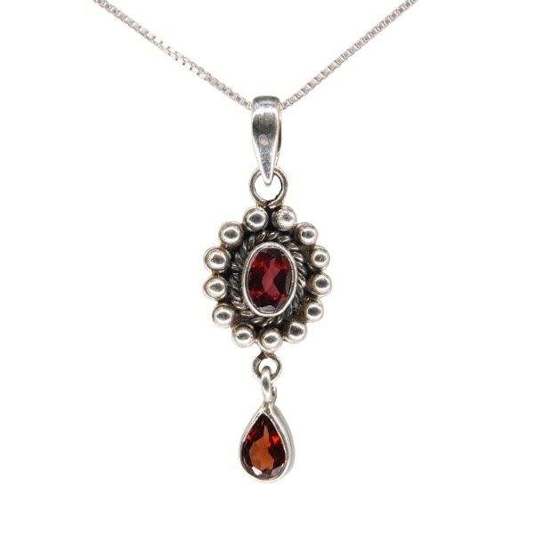 X.P. Garnet Oval Cut and Round Cut in Silver with Chain